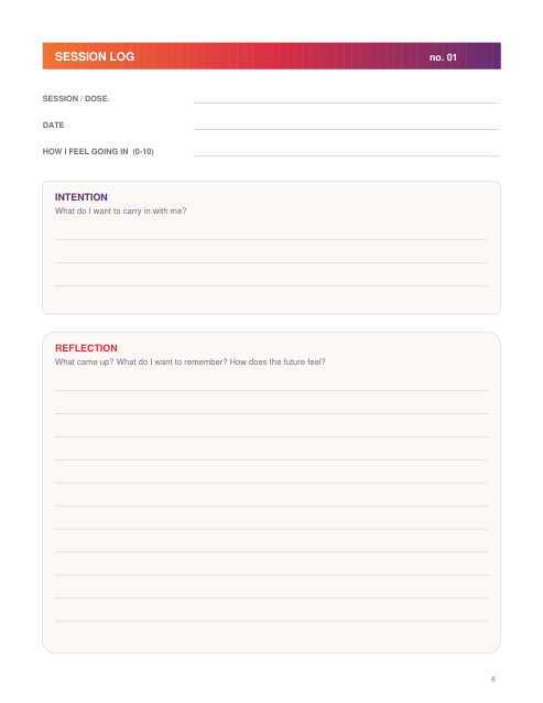 Session log page with intention and reflection sections
